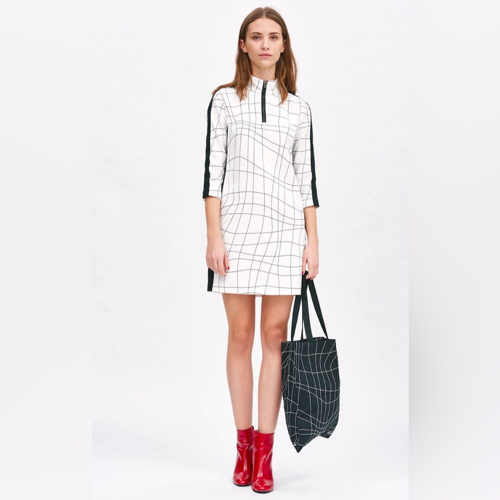 Cop.Copine White Grid Shift Dress with Black Trim